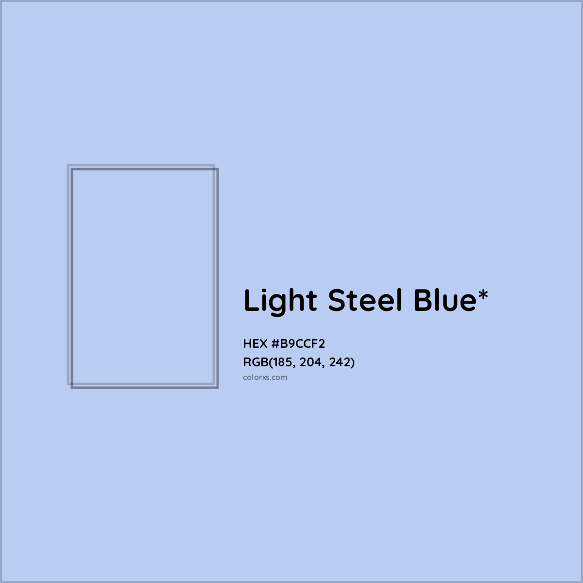 #B9CCF2 hex color. RGB, RYB, CMYK, HSL, HSV codes and color conversions. Matching color names, palettes, paints.