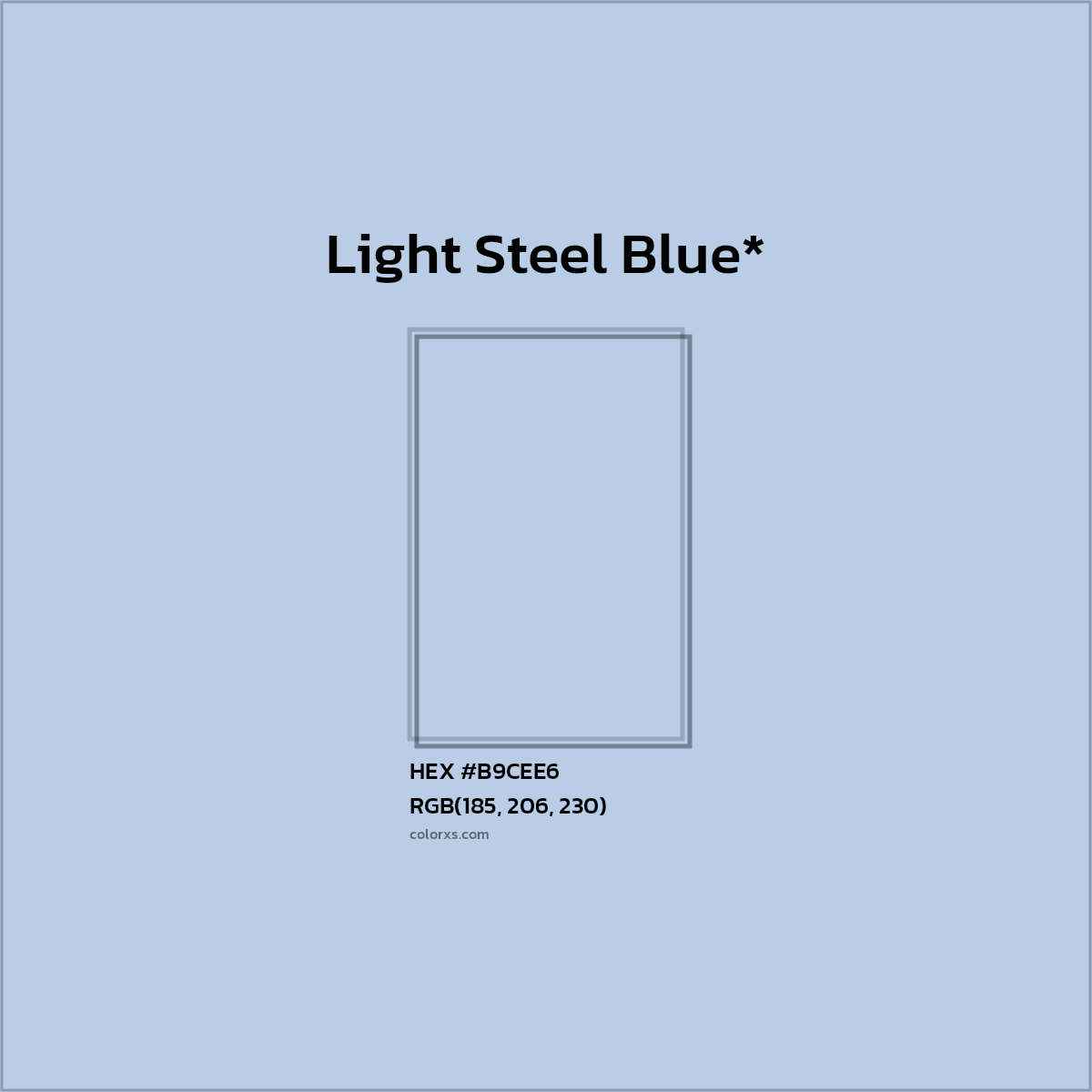 #B9CEE6 hex color. RGB, RYB, CMYK, HSL, HSV codes and color conversions. Matching color names, palettes, paints.