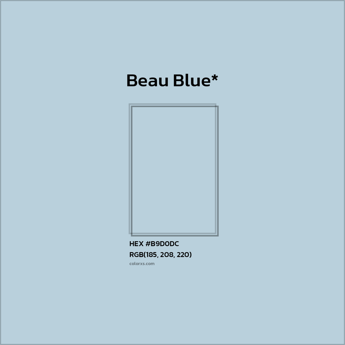 #B9D0DC hex color. RGB, RYB, CMYK, HSL, HSV codes and color conversions. Matching color names, palettes, paints.