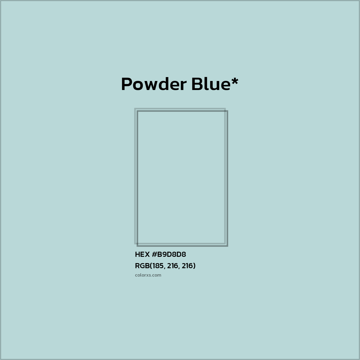 #B9D8D8 hex color. RGB, RYB, CMYK, HSL, HSV codes and color conversions. Matching color names, palettes, paints.