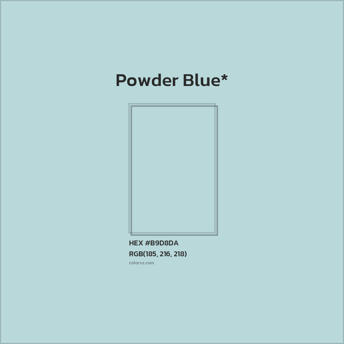 #B9D8DA hex color. RGB, RYB, CMYK, HSL, HSV codes and color conversions. Matching color names, palettes, paints.