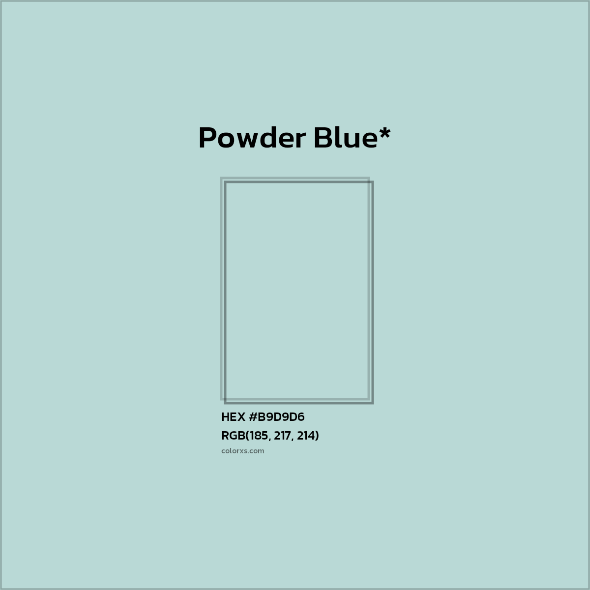 #B9D9D6 hex color. RGB, RYB, CMYK, HSL, HSV codes and color conversions. Matching color names, palettes, paints.