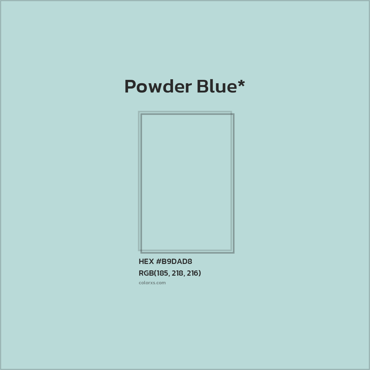 #B9DAD8 hex color. RGB, RYB, CMYK, HSL, HSV codes and color conversions. Matching color names, palettes, paints.