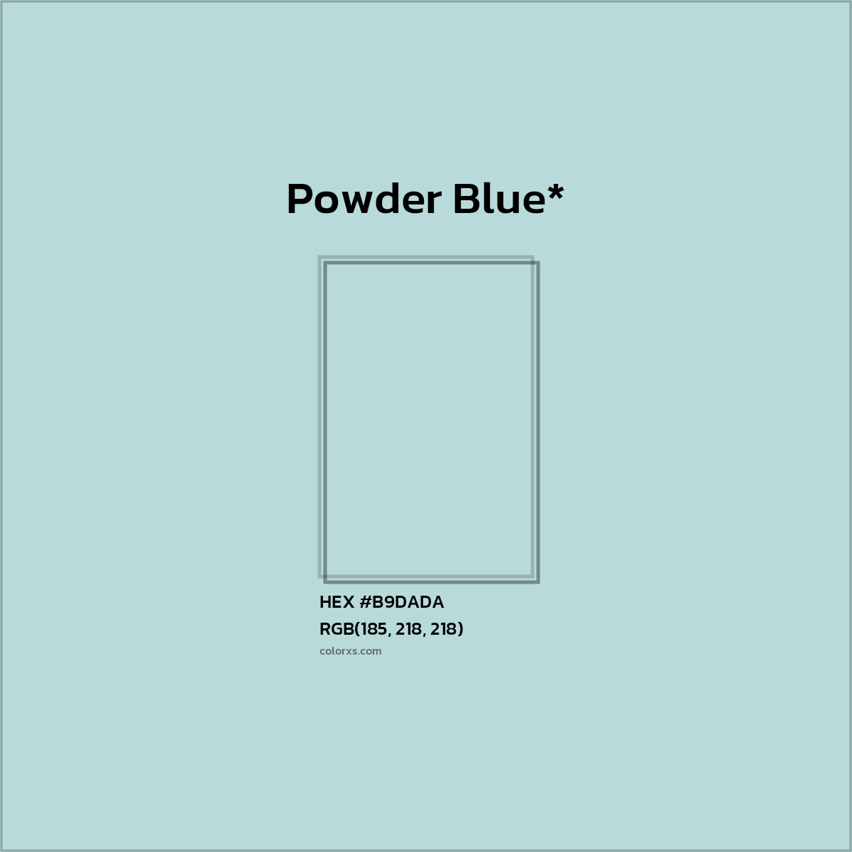 #B9DADA hex color. RGB, RYB, CMYK, HSL, HSV codes and color conversions. Matching color names, palettes, paints.
