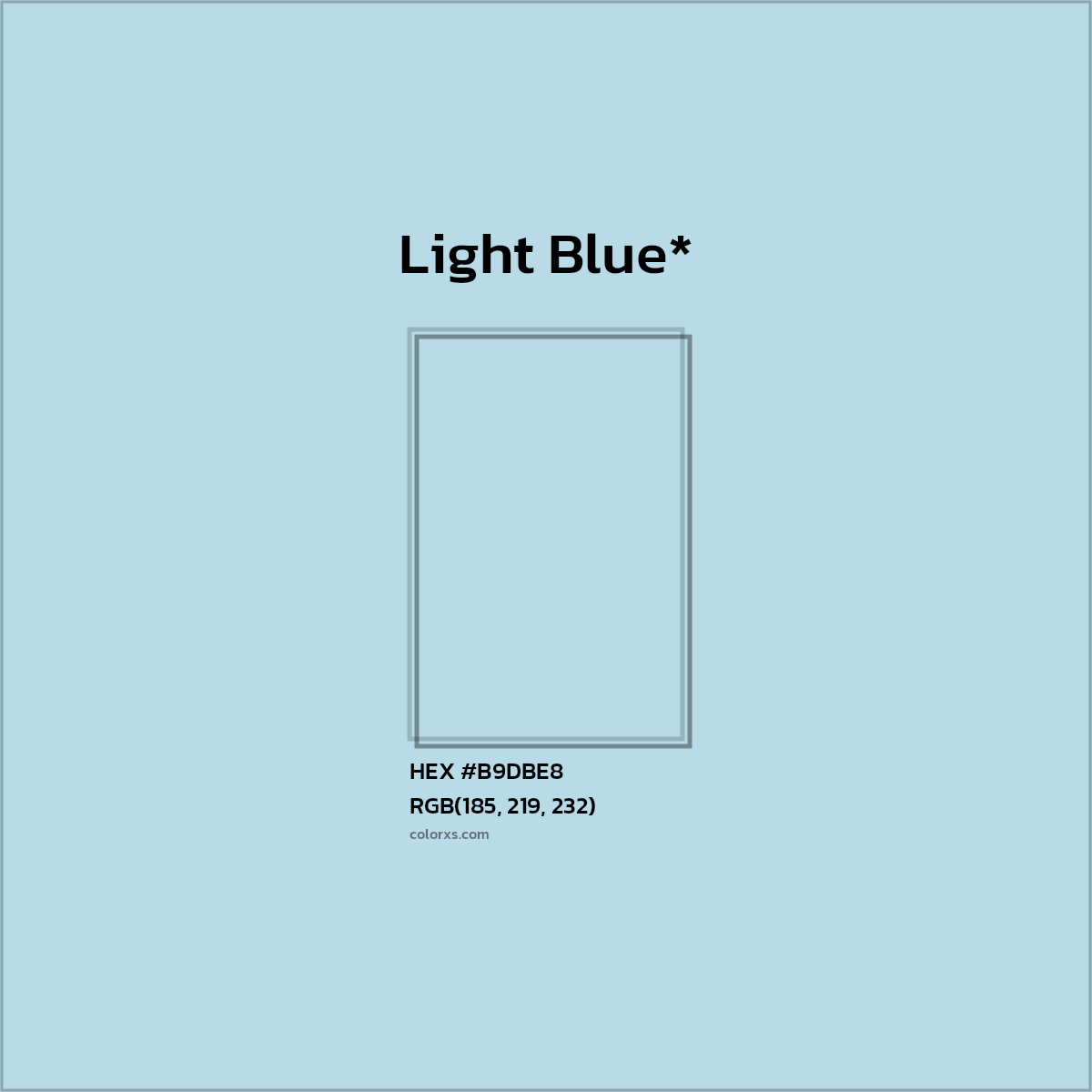 #B9DBE8 hex color. RGB, RYB, CMYK, HSL, HSV codes and color conversions. Matching color names, palettes, paints.