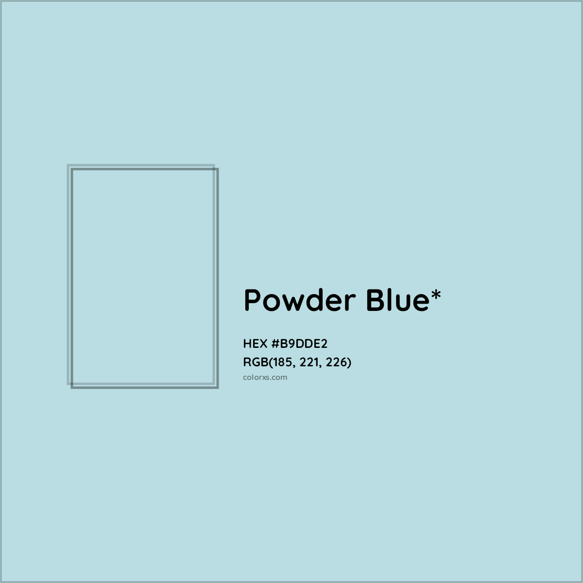 #B9DDE2 hex color. RGB, RYB, CMYK, HSL, HSV codes and color conversions. Matching color names, palettes, paints.