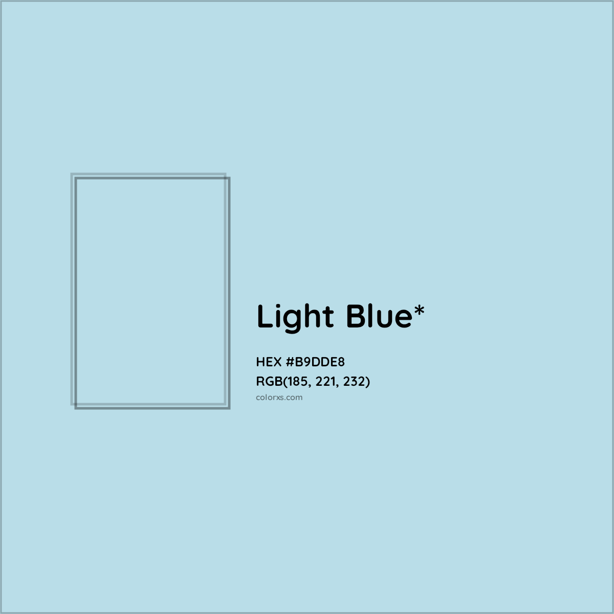 #B9DDE8 hex color. RGB, RYB, CMYK, HSL, HSV codes and color conversions. Matching color names, palettes, paints.