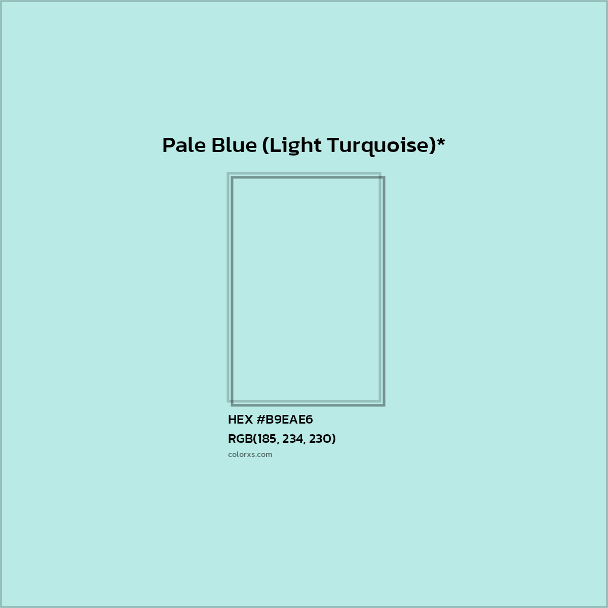 #B9EAE6 hex color. RGB, RYB, CMYK, HSL, HSV codes and color conversions. Matching color names, palettes, paints.