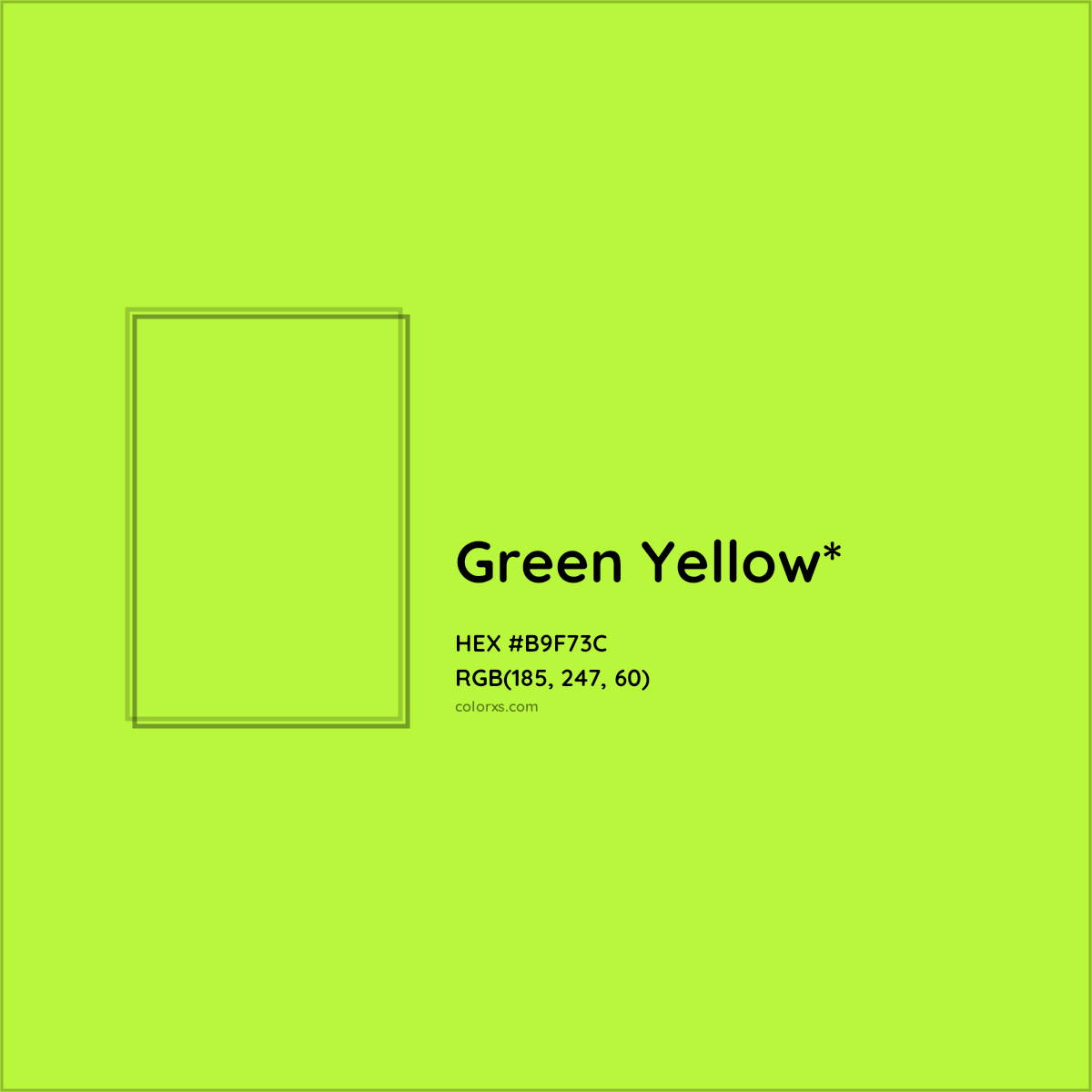 #B9F73C hex color. RGB, RYB, CMYK, HSL, HSV codes and color conversions. Matching color names, palettes, paints.
