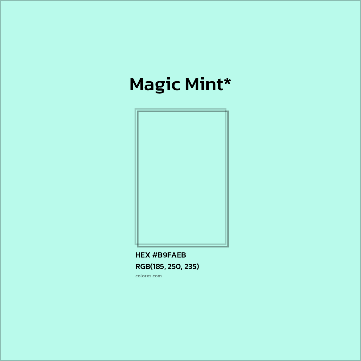 #B9FAEB hex color. RGB, RYB, CMYK, HSL, HSV codes and color conversions. Matching color names, palettes, paints.