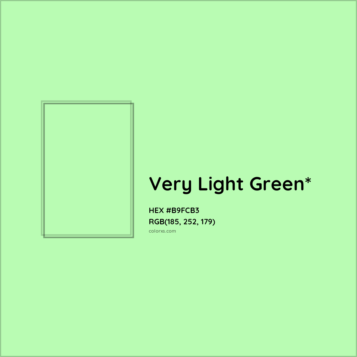 #B9FCB3 hex color. RGB, RYB, CMYK, HSL, HSV codes and color conversions. Matching color names, palettes, paints.
