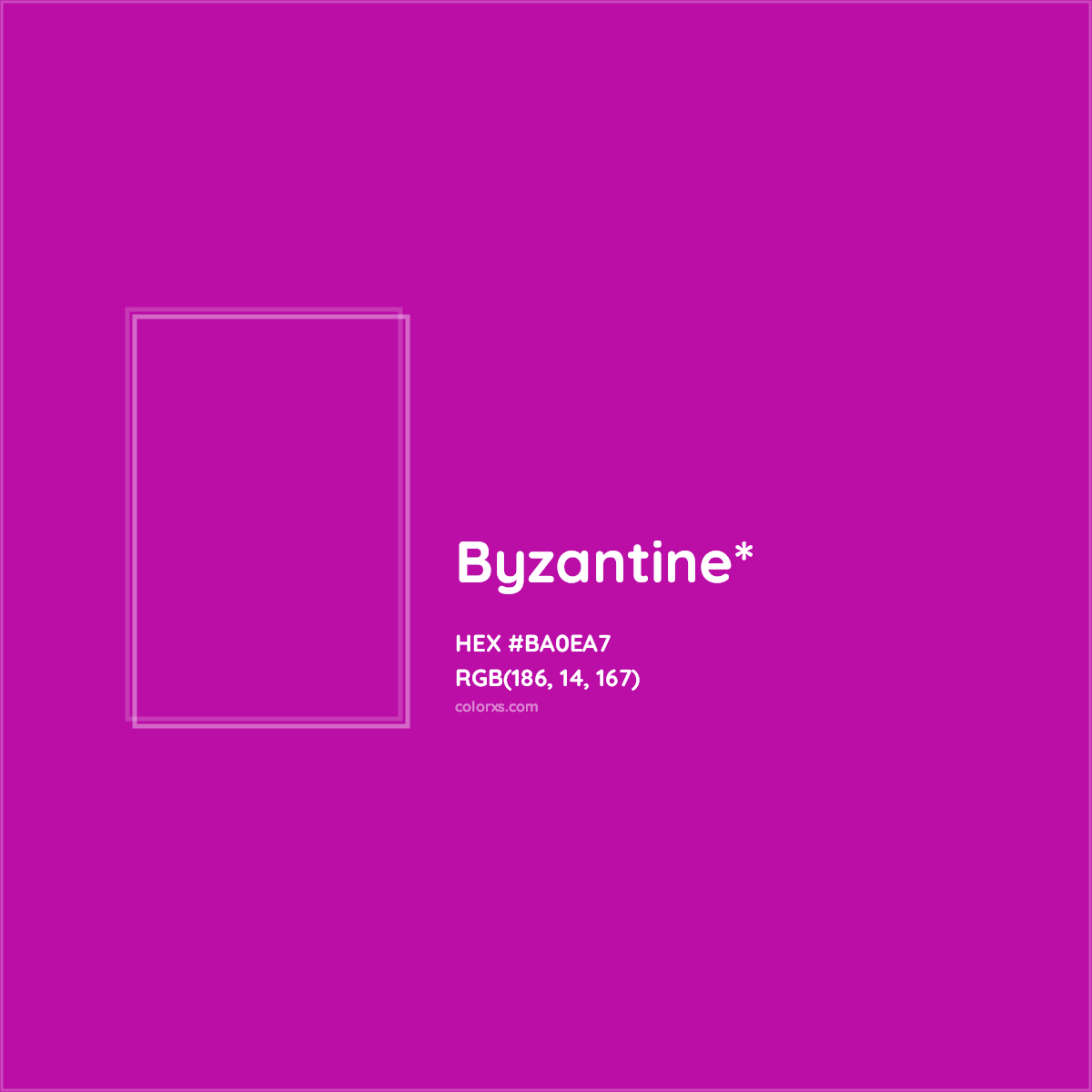 #BA0EA7 hex color. RGB, RYB, CMYK, HSL, HSV codes and color conversions. Matching color names, palettes, paints.