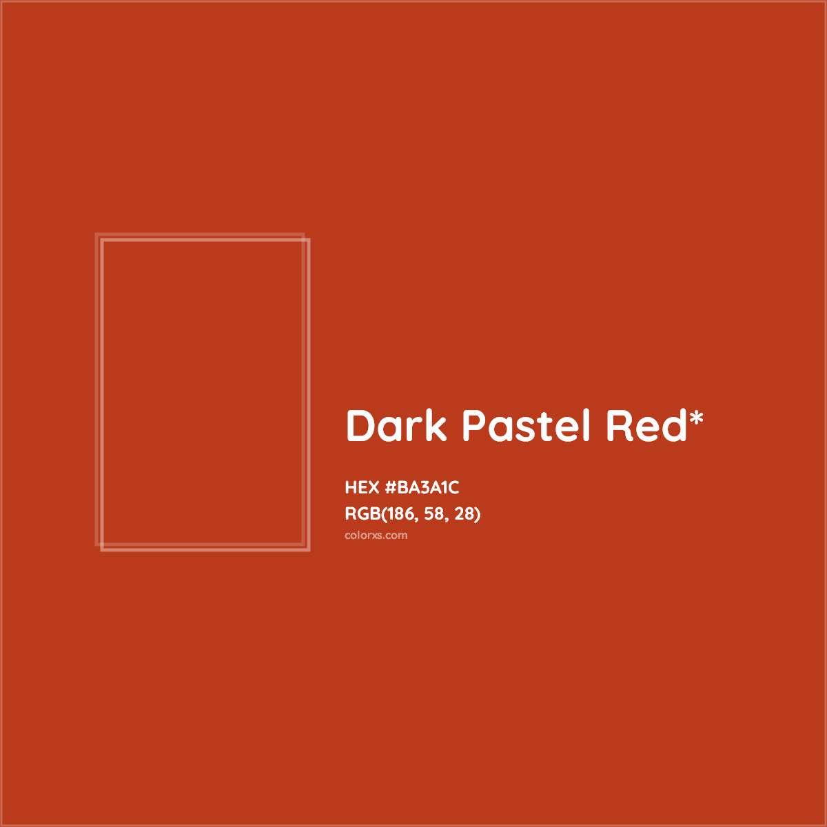#BA3A1C hex color. RGB, RYB, CMYK, HSL, HSV codes and color conversions. Matching color names, palettes, paints.