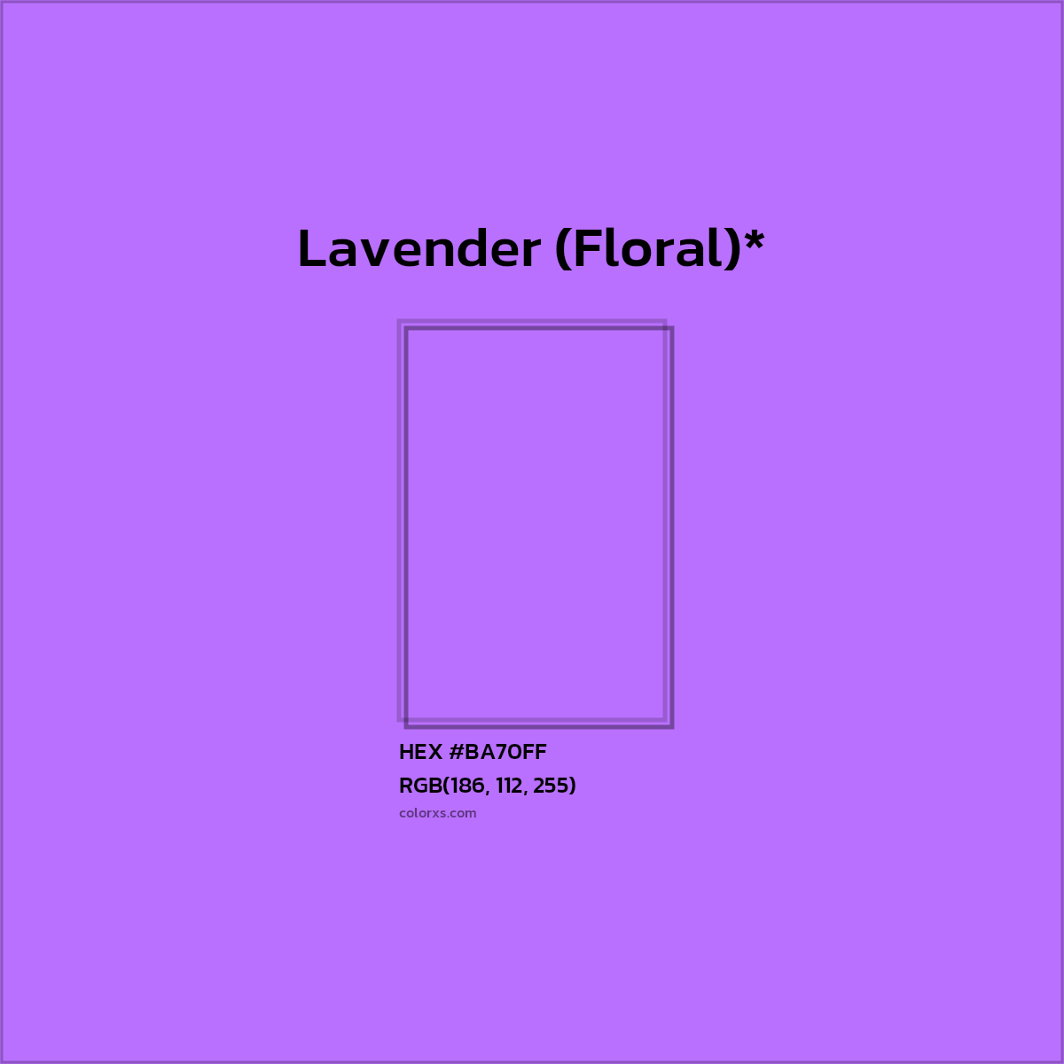 #BA70FF hex color. RGB, RYB, CMYK, HSL, HSV codes and color conversions. Matching color names, palettes, paints.