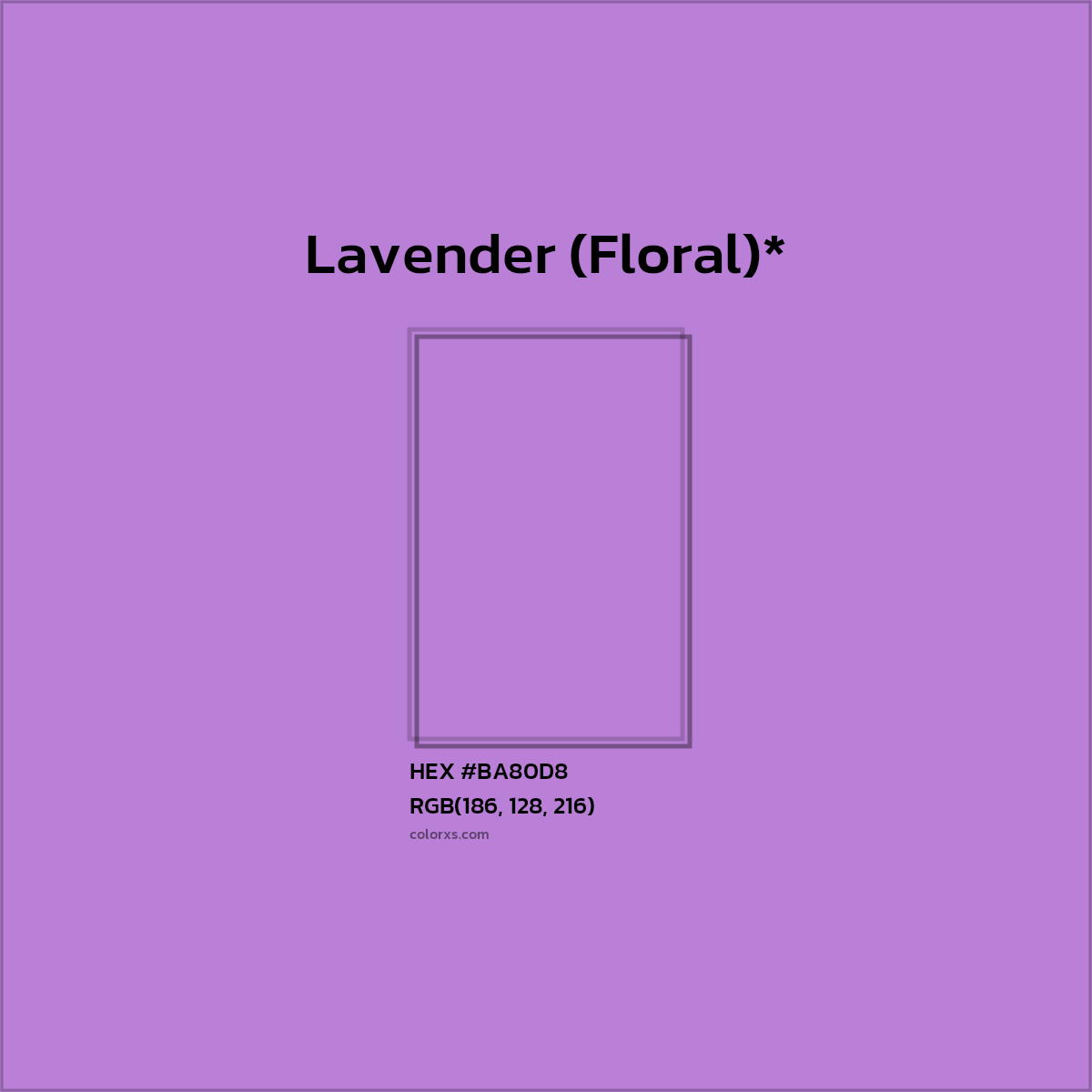 #BA80D8 hex color. RGB, RYB, CMYK, HSL, HSV codes and color conversions. Matching color names, palettes, paints.