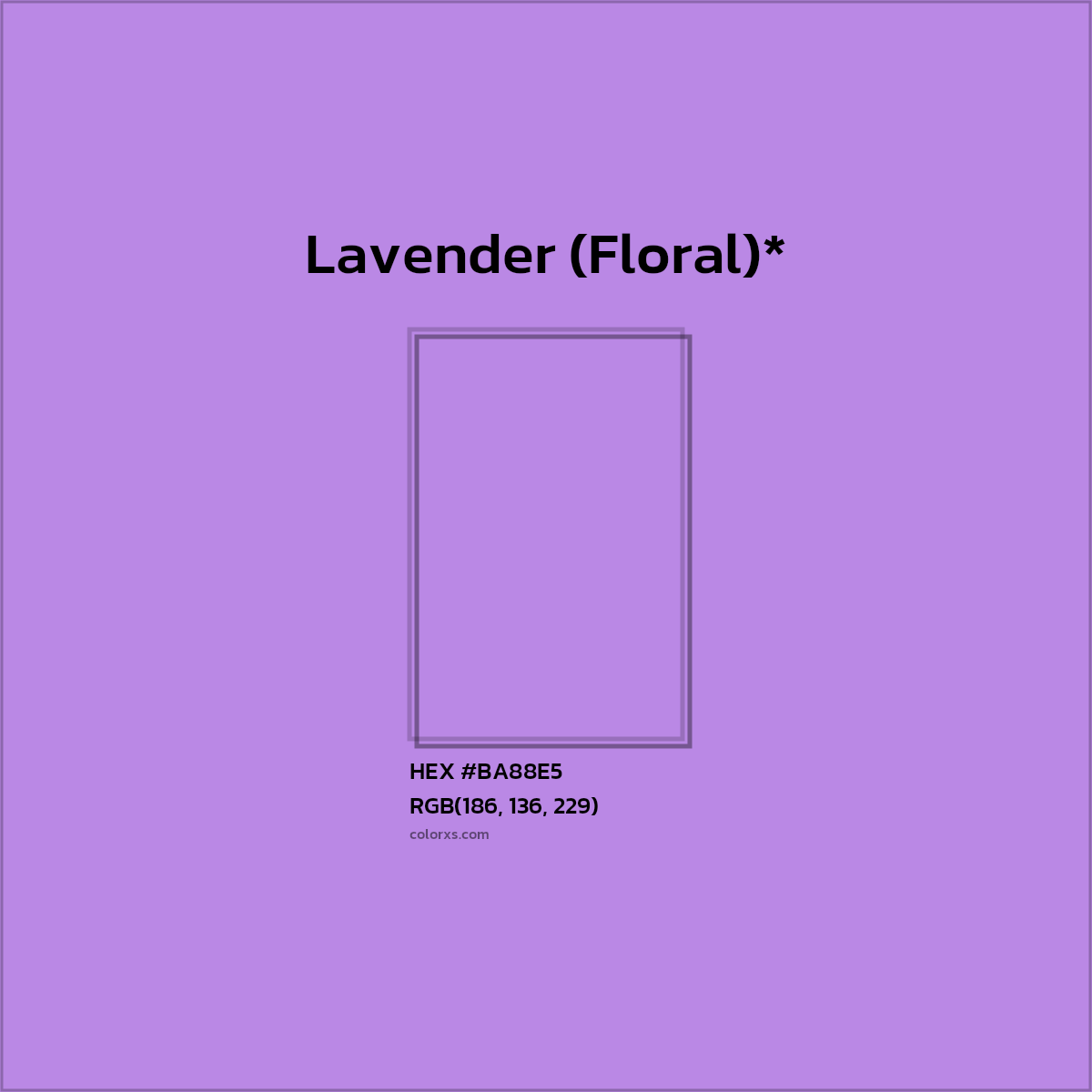 #BA88E5 hex color. RGB, RYB, CMYK, HSL, HSV codes and color conversions. Matching color names, palettes, paints.