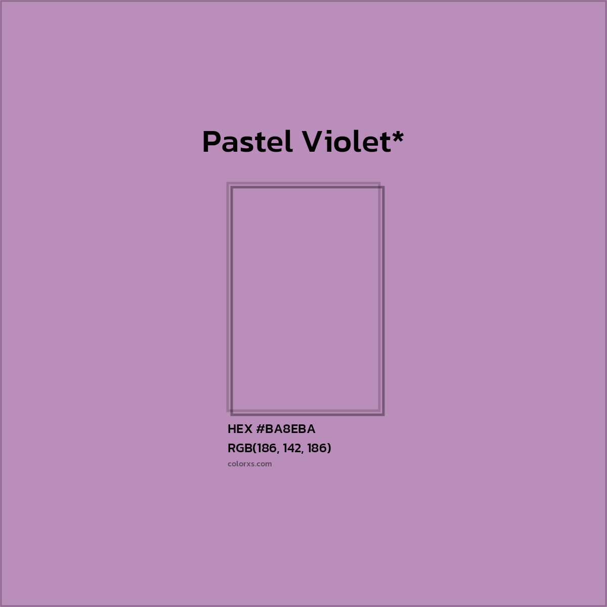 #BA8EBA hex color. RGB, RYB, CMYK, HSL, HSV codes and color conversions. Matching color names, palettes, paints.
