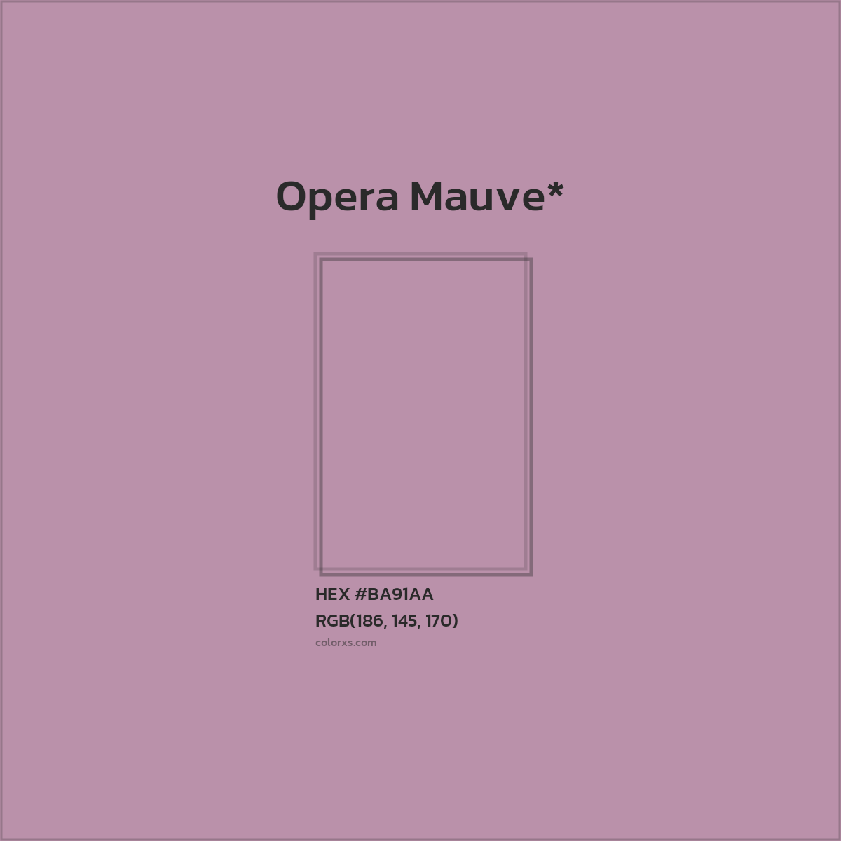 #BA91AA hex color. RGB, RYB, CMYK, HSL, HSV codes and color conversions. Matching color names, palettes, paints.