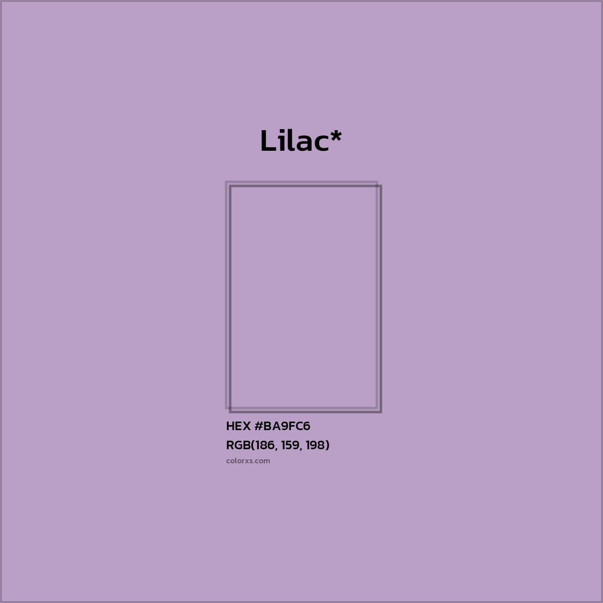 #BA9FC6 hex color. RGB, RYB, CMYK, HSL, HSV codes and color conversions. Matching color names, palettes, paints.