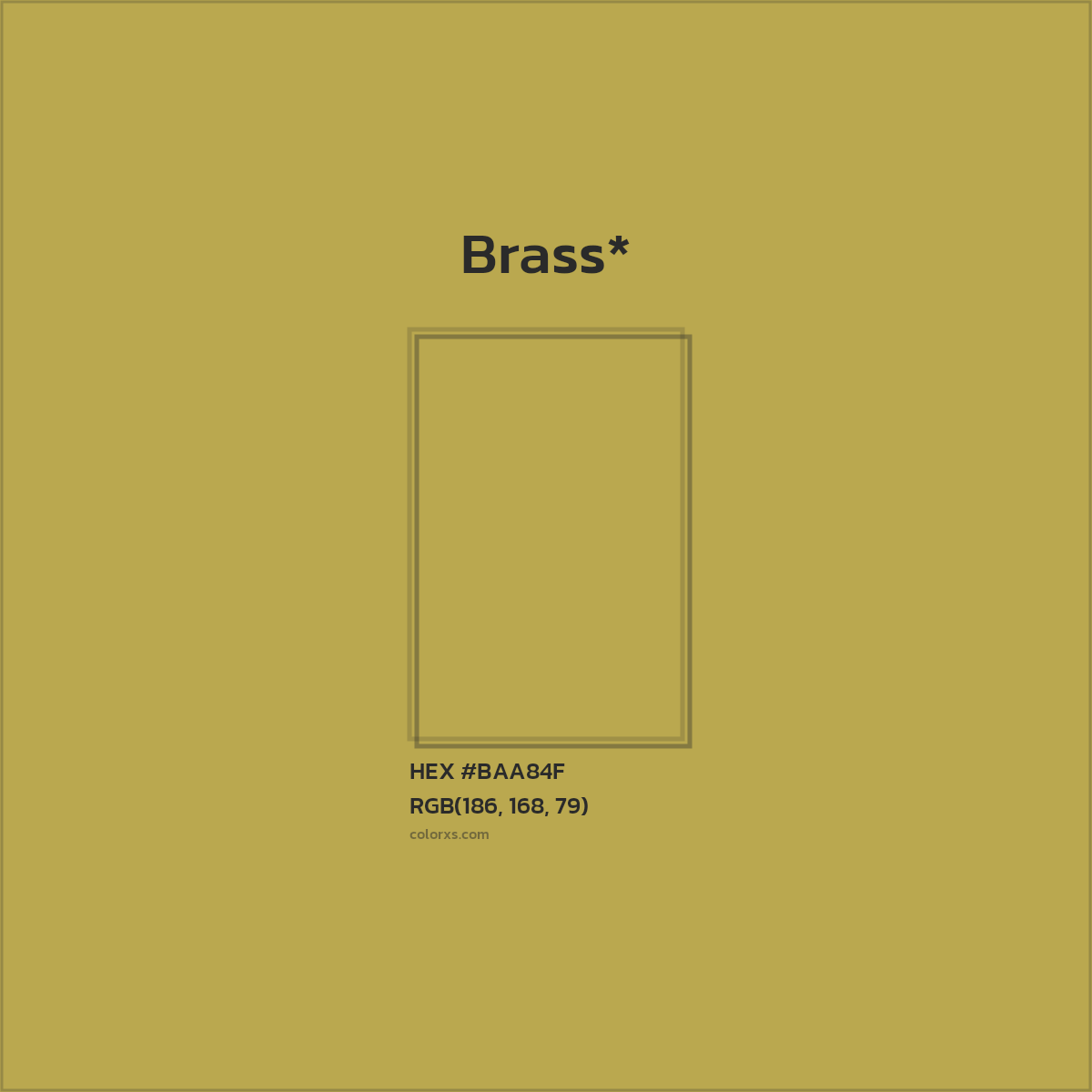 #BAA84F hex color. RGB, RYB, CMYK, HSL, HSV codes and color conversions. Matching color names, palettes, paints.