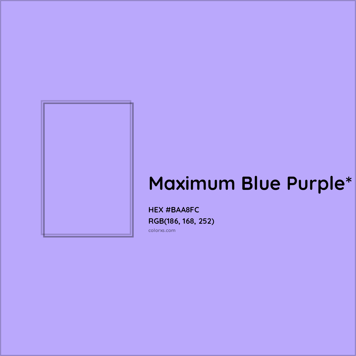 #BAA8FC hex color. RGB, RYB, CMYK, HSL, HSV codes and color conversions. Matching color names, palettes, paints.