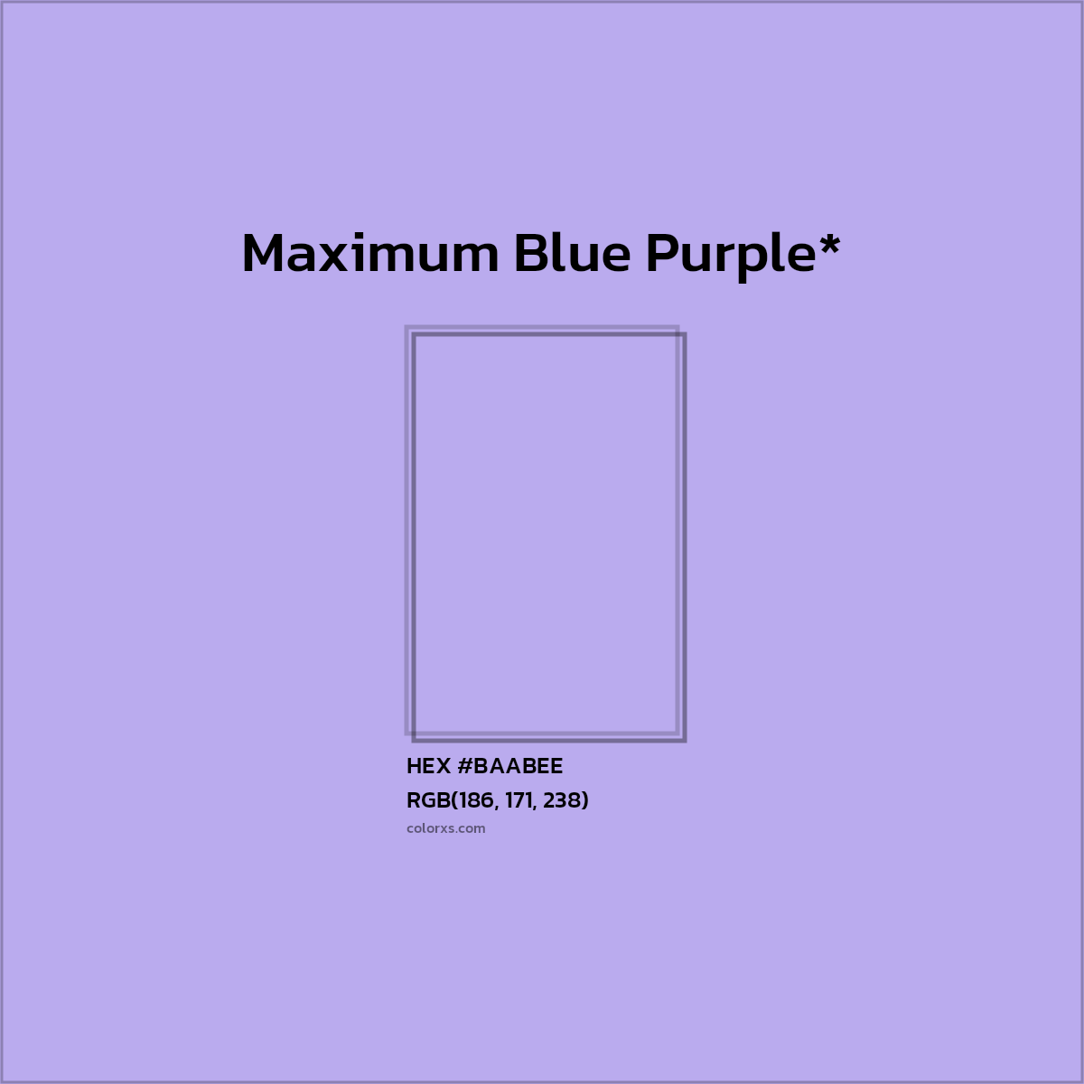 #BAABEE hex color. RGB, RYB, CMYK, HSL, HSV codes and color conversions. Matching color names, palettes, paints.