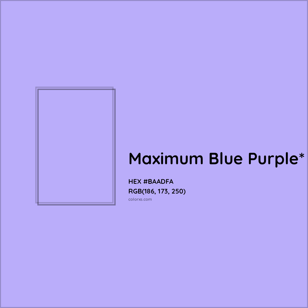 #BAADFA hex color. RGB, RYB, CMYK, HSL, HSV codes and color conversions. Matching color names, palettes, paints.