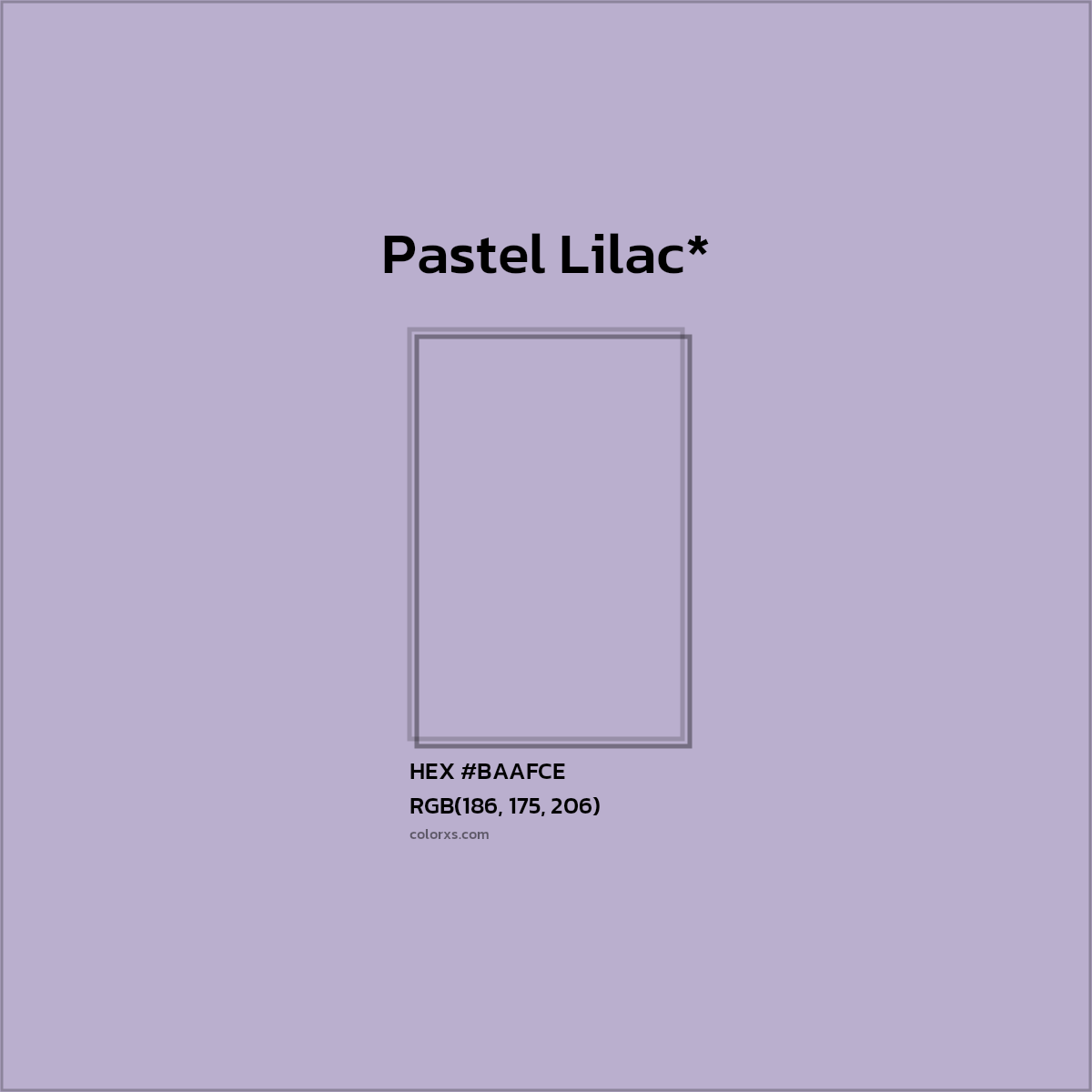 #BAAFCE hex color. RGB, RYB, CMYK, HSL, HSV codes and color conversions. Matching color names, palettes, paints.