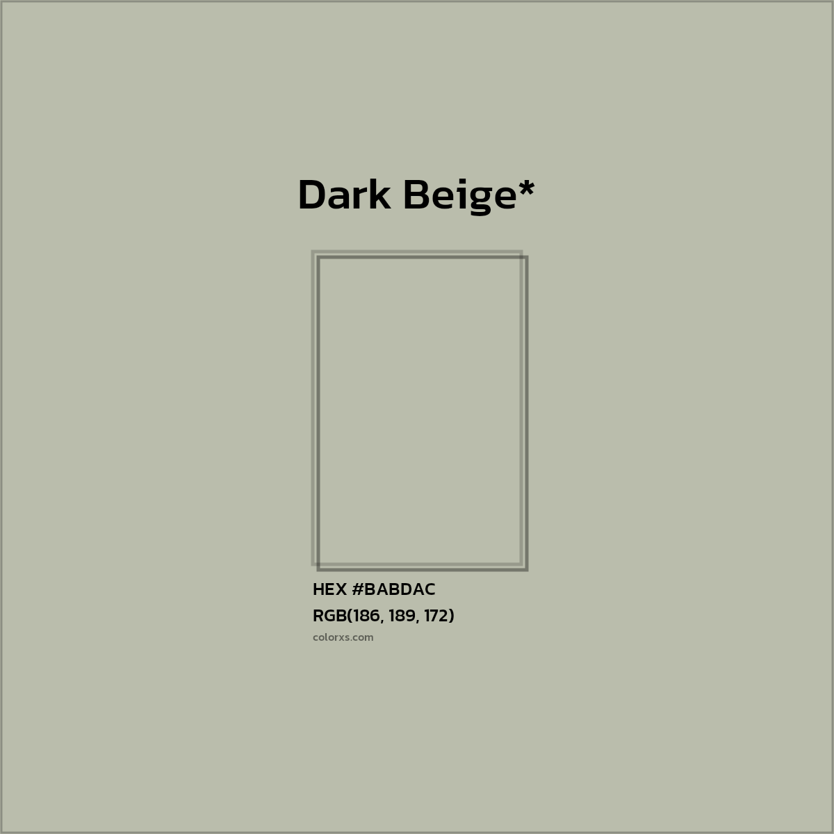 #BABDAC hex color. RGB, RYB, CMYK, HSL, HSV codes and color conversions. Matching color names, palettes, paints.