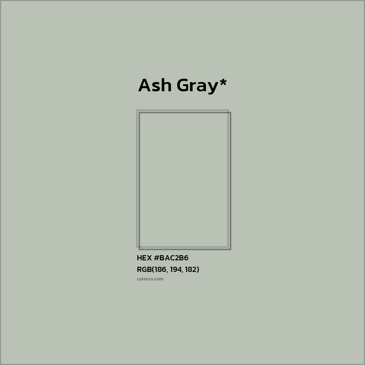 #BAC2B6 hex color. RGB, RYB, CMYK, HSL, HSV codes and color conversions. Matching color names, palettes, paints.