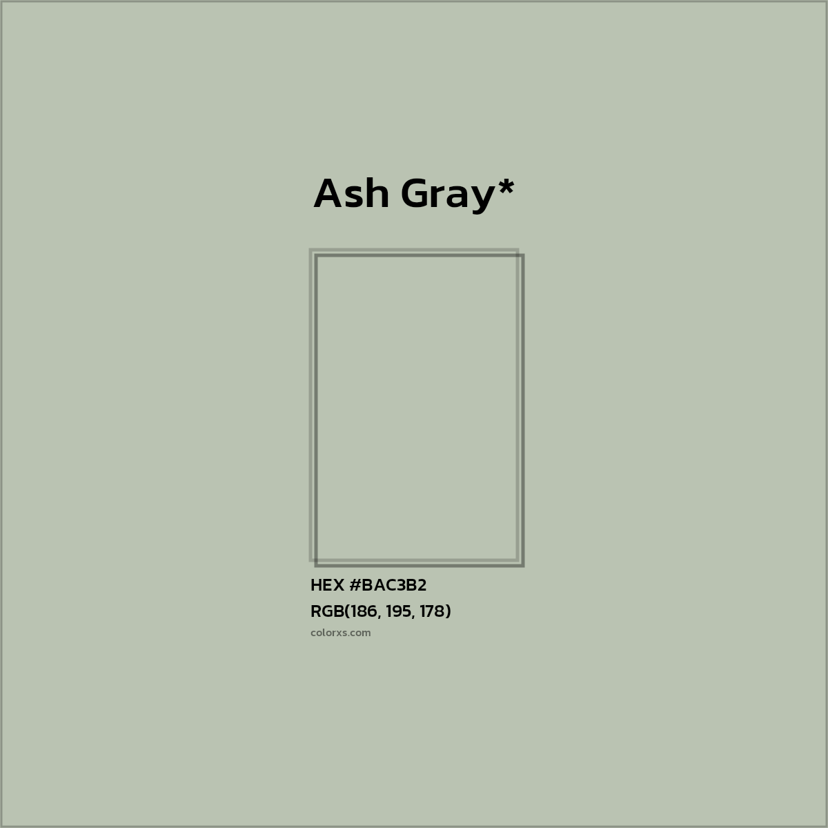 #BAC3B2 hex color. RGB, RYB, CMYK, HSL, HSV codes and color conversions. Matching color names, palettes, paints.