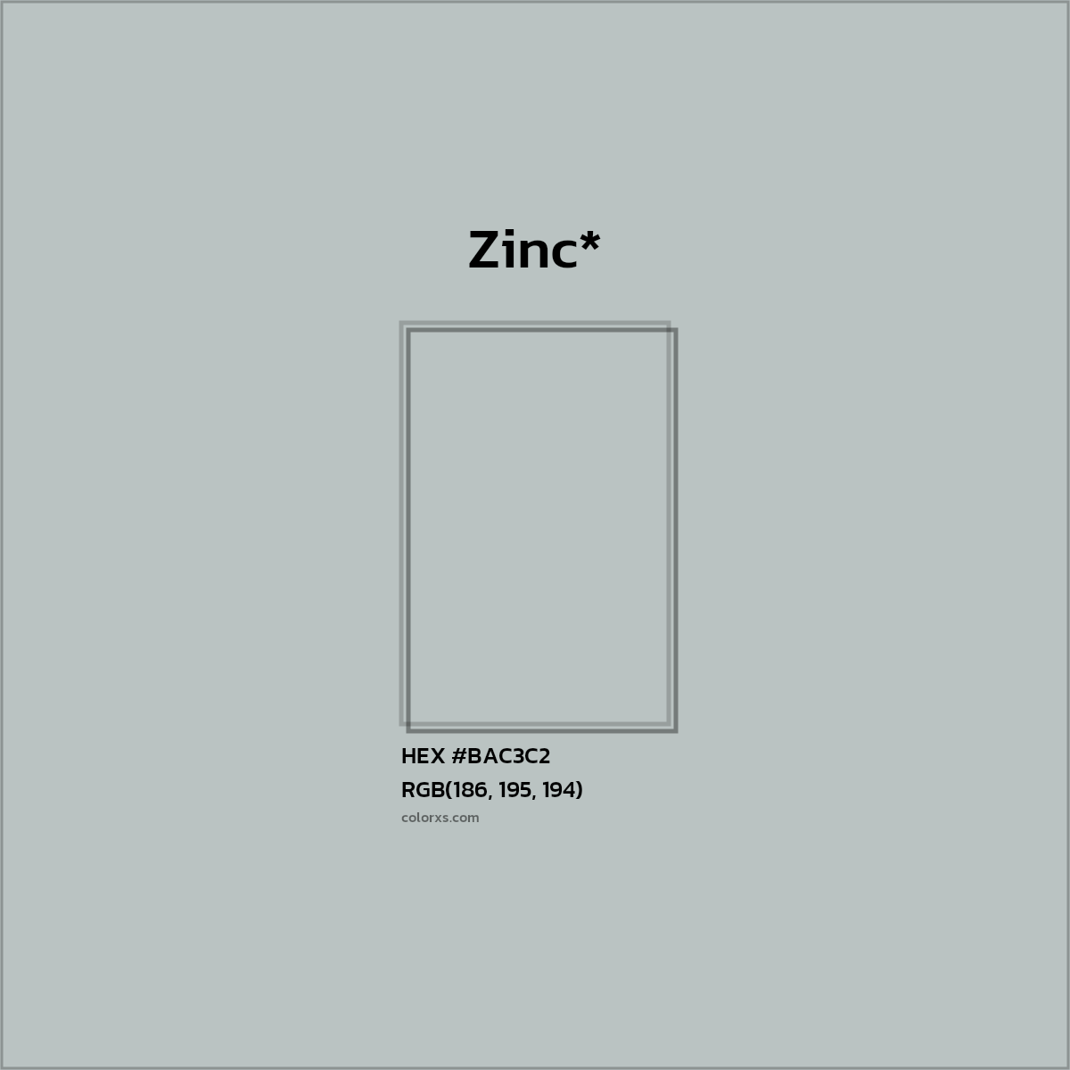 #BAC3C2 hex color. RGB, RYB, CMYK, HSL, HSV codes and color conversions. Matching color names, palettes, paints.