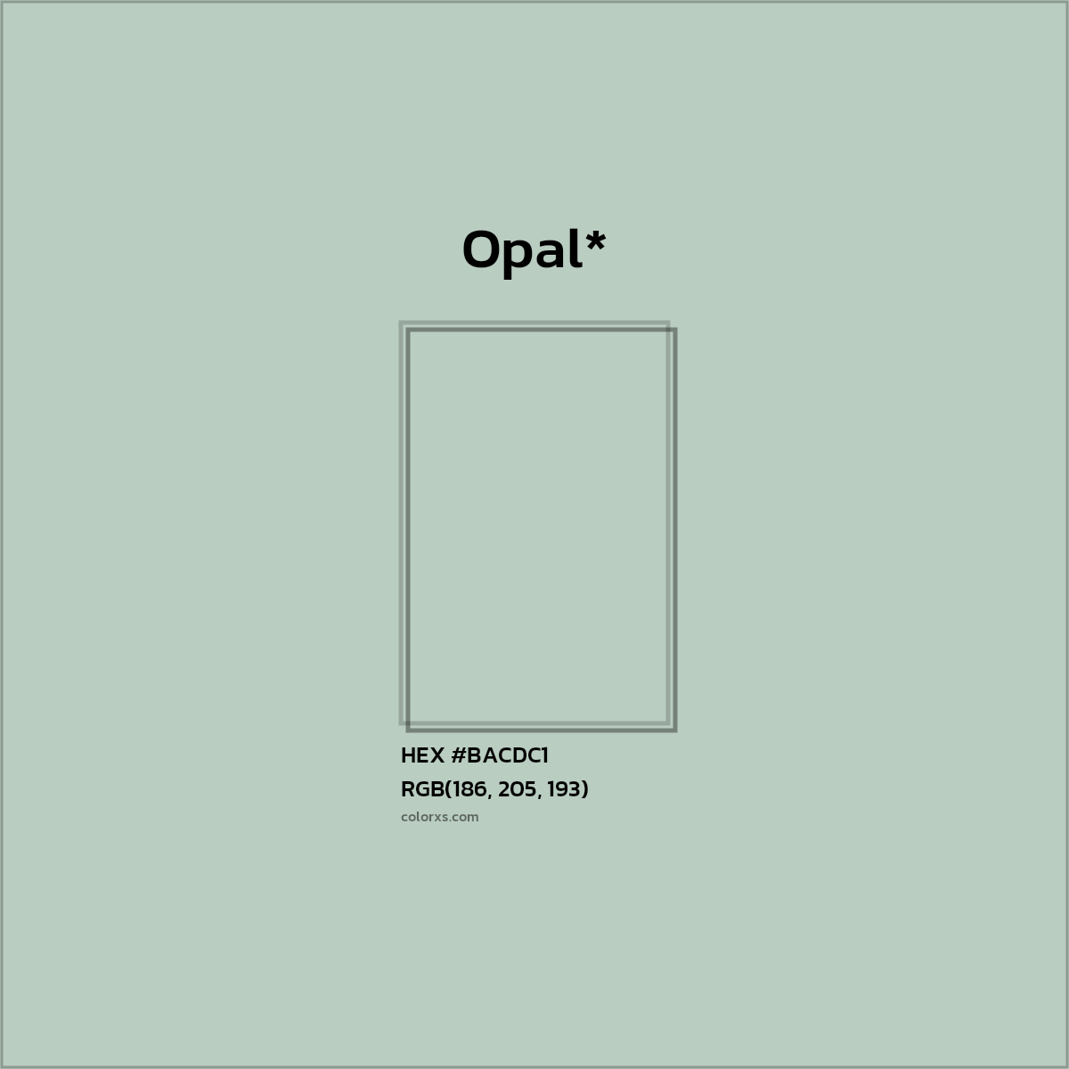 #BACDC1 hex color. RGB, RYB, CMYK, HSL, HSV codes and color conversions. Matching color names, palettes, paints.