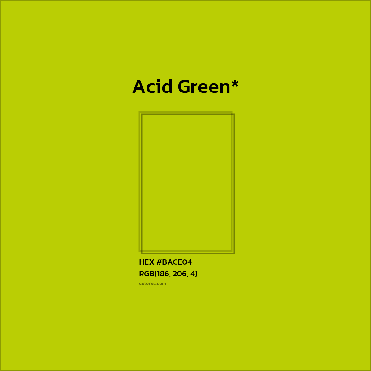 #BACE04 hex color. RGB, RYB, CMYK, HSL, HSV codes and color conversions. Matching color names, palettes, paints.