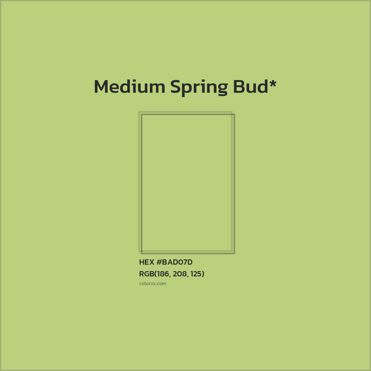 #BAD07D hex color. RGB, RYB, CMYK, HSL, HSV codes and color conversions. Matching color names, palettes, paints.