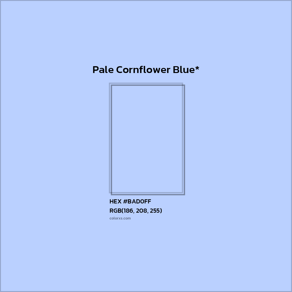 #BAD0FF hex color. RGB, RYB, CMYK, HSL, HSV codes and color conversions. Matching color names, palettes, paints.
