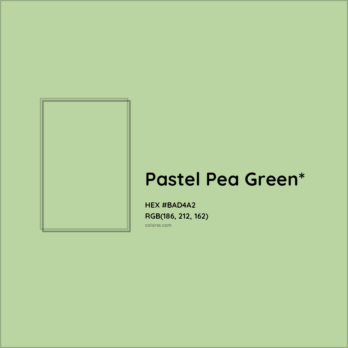 #BAD4A2 hex color. RGB, RYB, CMYK, HSL, HSV codes and color conversions. Matching color names, palettes, paints.