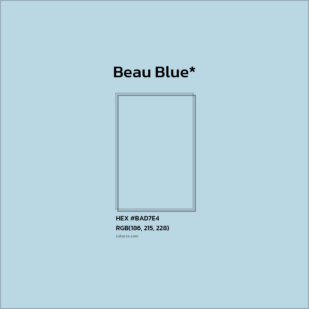 #BAD7E4 hex color. RGB, RYB, CMYK, HSL, HSV codes and color conversions. Matching color names, palettes, paints.