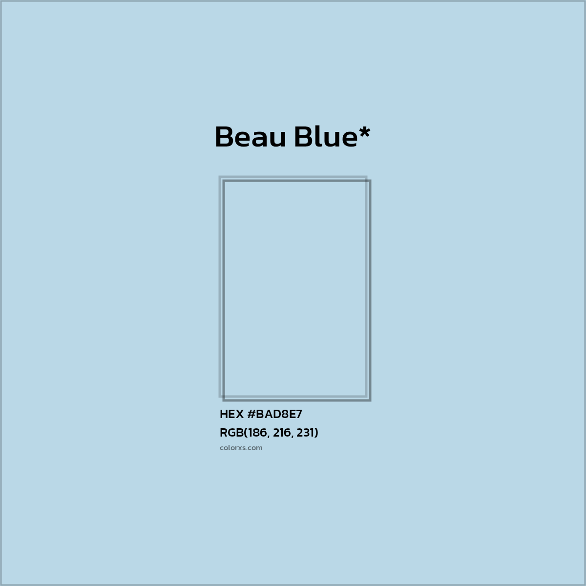 #BAD8E7 hex color. RGB, RYB, CMYK, HSL, HSV codes and color conversions. Matching color names, palettes, paints.
