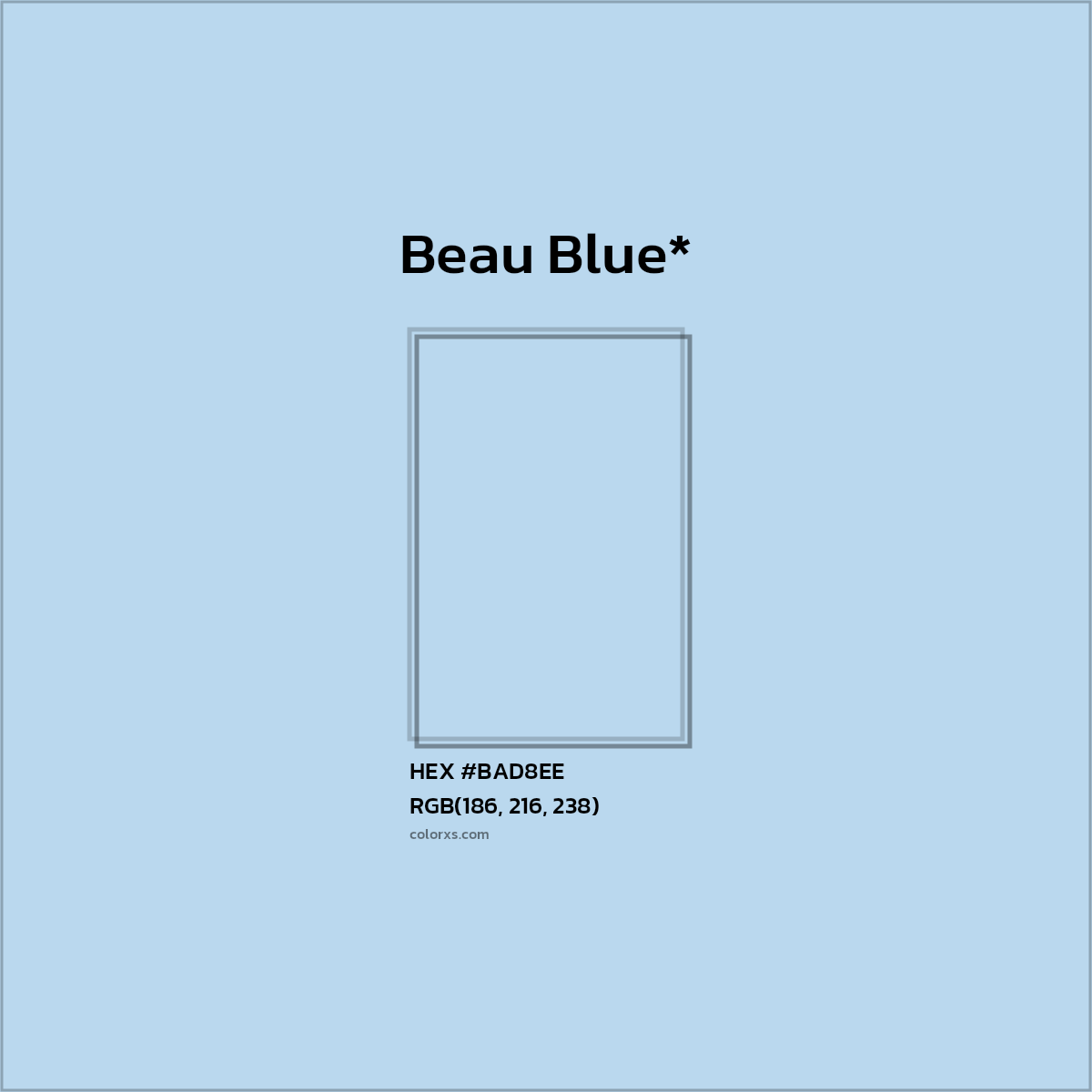 #BAD8EE hex color. RGB, RYB, CMYK, HSL, HSV codes and color conversions. Matching color names, palettes, paints.