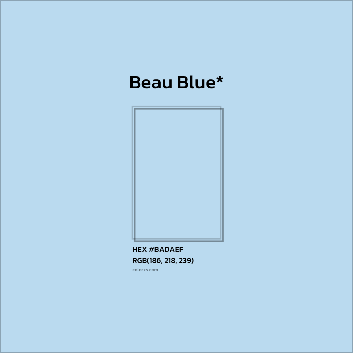 #BADAEF hex color. RGB, RYB, CMYK, HSL, HSV codes and color conversions. Matching color names, palettes, paints.