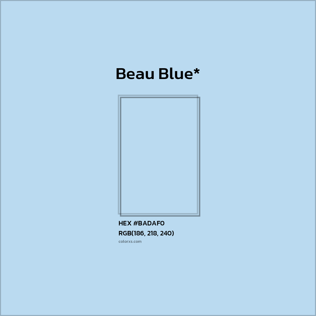 #BADAF0 hex color. RGB, RYB, CMYK, HSL, HSV codes and color conversions. Matching color names, palettes, paints.