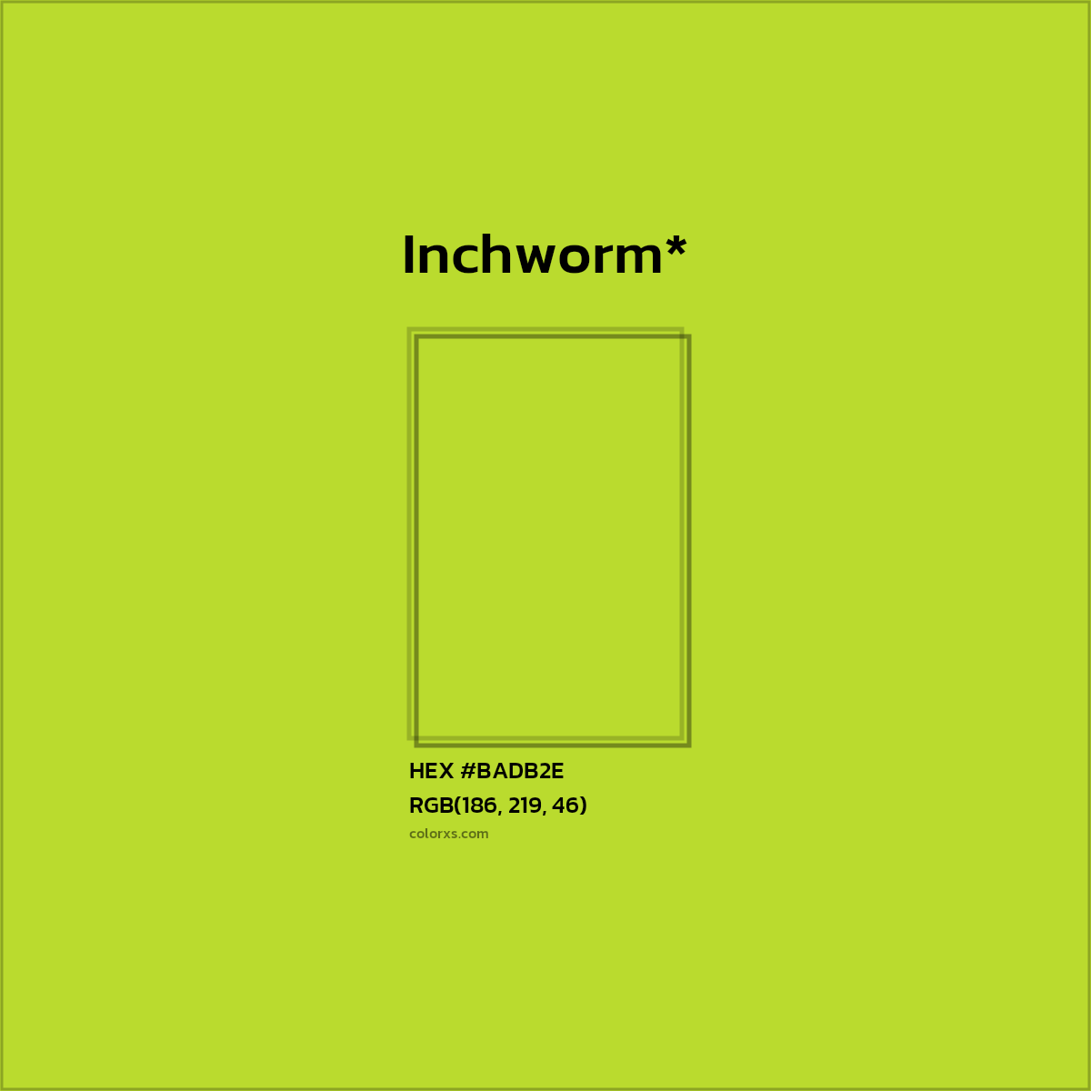 #BADB2E hex color. RGB, RYB, CMYK, HSL, HSV codes and color conversions. Matching color names, palettes, paints.