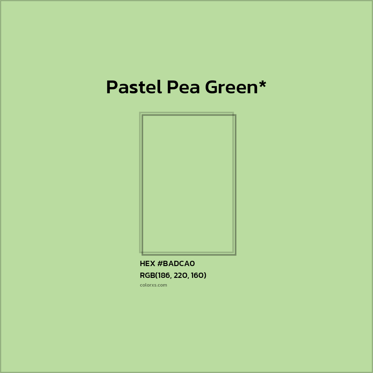 #BADCA0 hex color. RGB, RYB, CMYK, HSL, HSV codes and color conversions. Matching color names, palettes, paints.