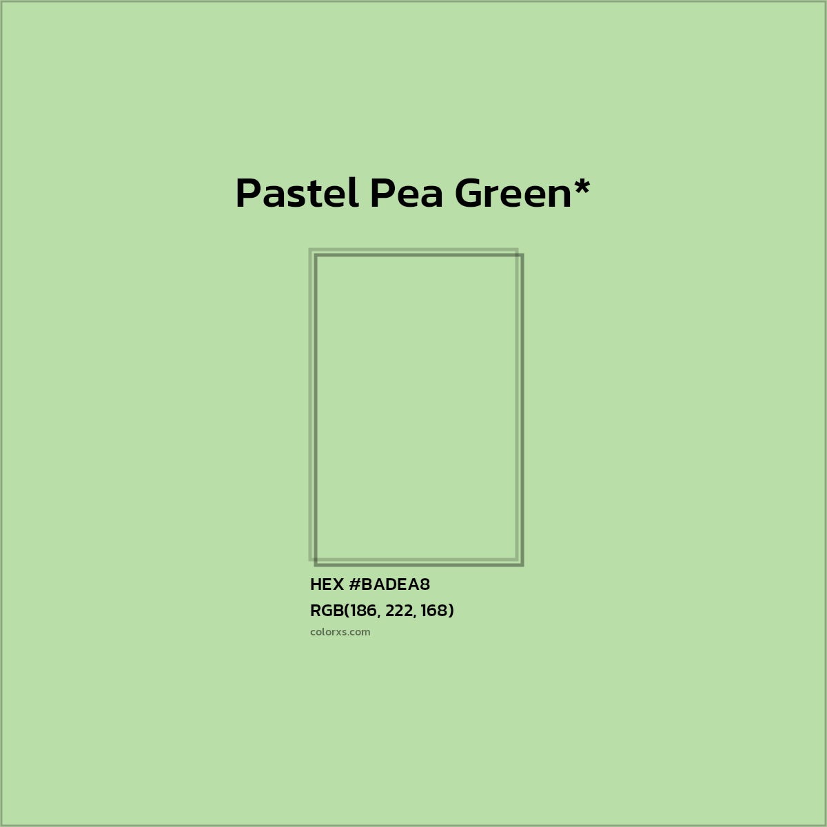 #BADEA8 hex color. RGB, RYB, CMYK, HSL, HSV codes and color conversions. Matching color names, palettes, paints.