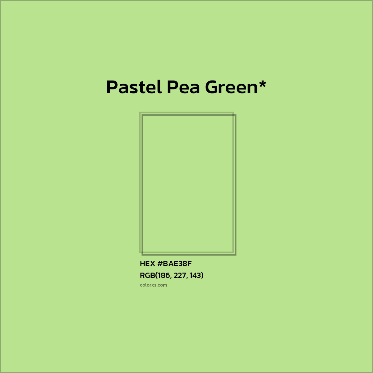 #BAE38F hex color. RGB, RYB, CMYK, HSL, HSV codes and color conversions. Matching color names, palettes, paints.
