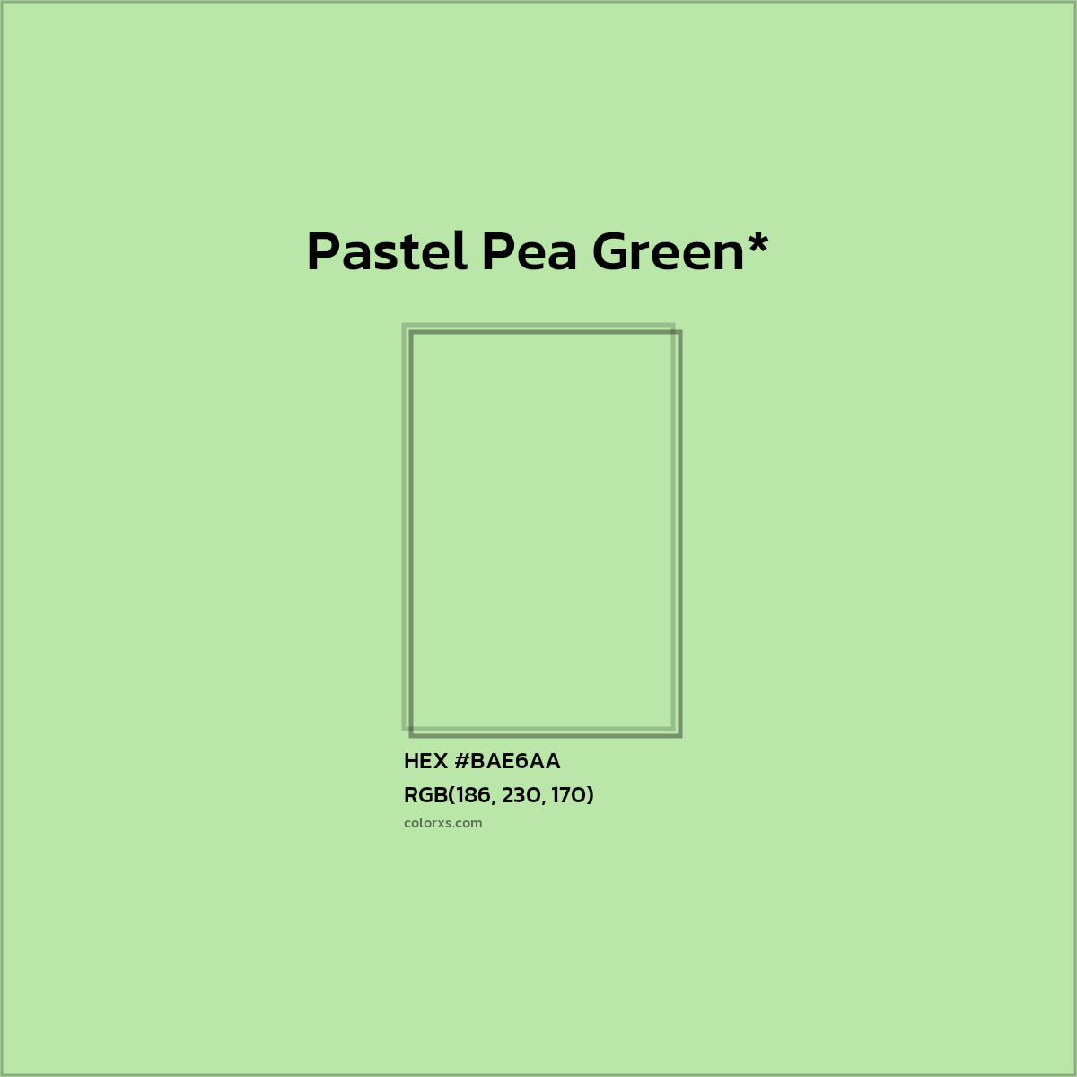 #BAE6AA hex color. RGB, RYB, CMYK, HSL, HSV codes and color conversions. Matching color names, palettes, paints.