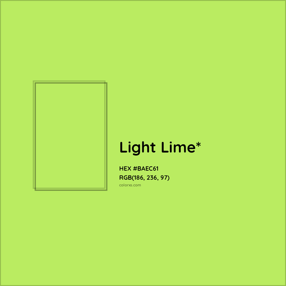 #BAEC61 hex color. RGB, RYB, CMYK, HSL, HSV codes and color conversions. Matching color names, palettes, paints.