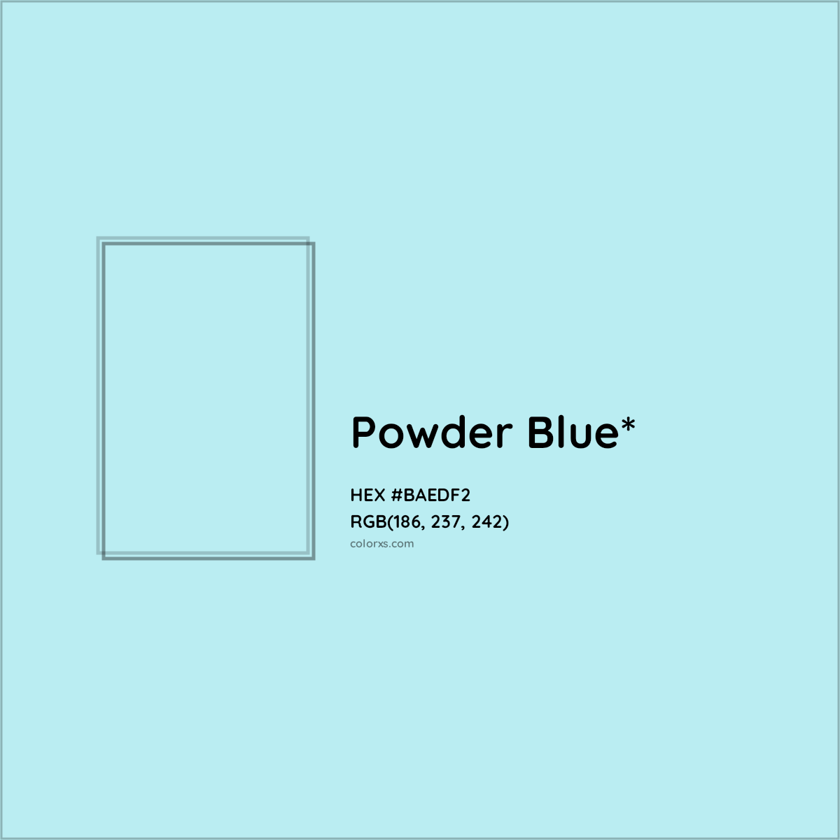 #BAEDF2 hex color. RGB, RYB, CMYK, HSL, HSV codes and color conversions. Matching color names, palettes, paints.