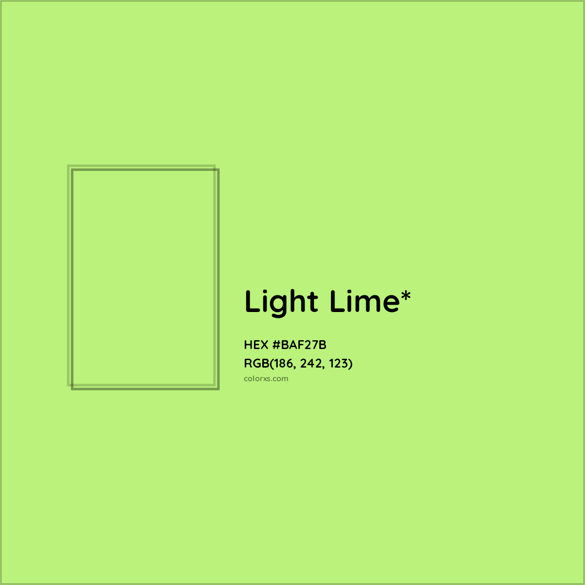 #BAF27B hex color. RGB, RYB, CMYK, HSL, HSV codes and color conversions. Matching color names, palettes, paints.
